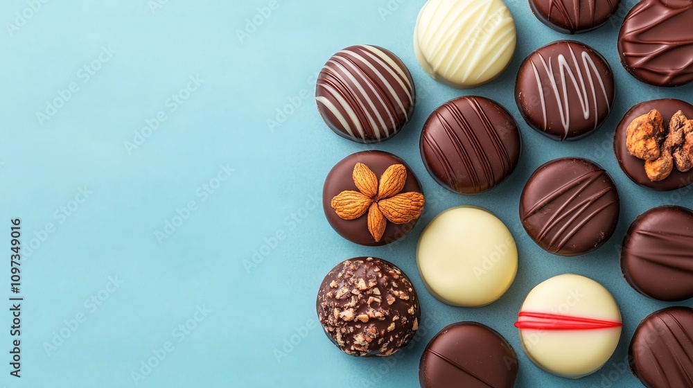 Assortment of Gourmet Chocolates: An array of delectable artisan chocolates, in dark, milk, and white chocolate varieties, adorned with nuts and decorative swirls. Assortment of Gourmet Chocolates: An array of delectable artisan chocolates, in dark, milk, and white chocolate varieties, adorned with nuts and decorative swirls.