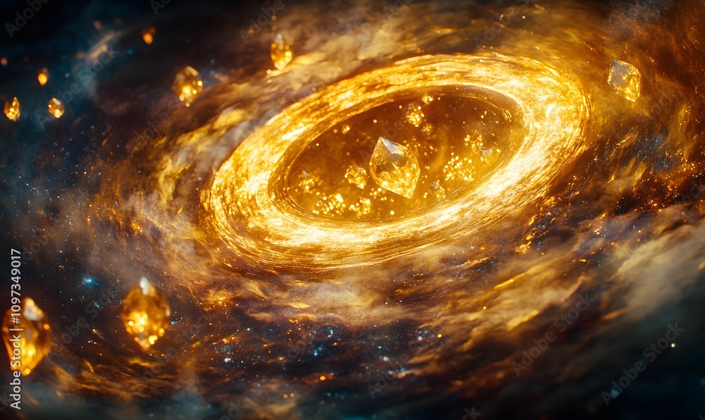 Fiery cosmic swirl with glowing crystals. Fiery cosmic swirl with glowing crystals.