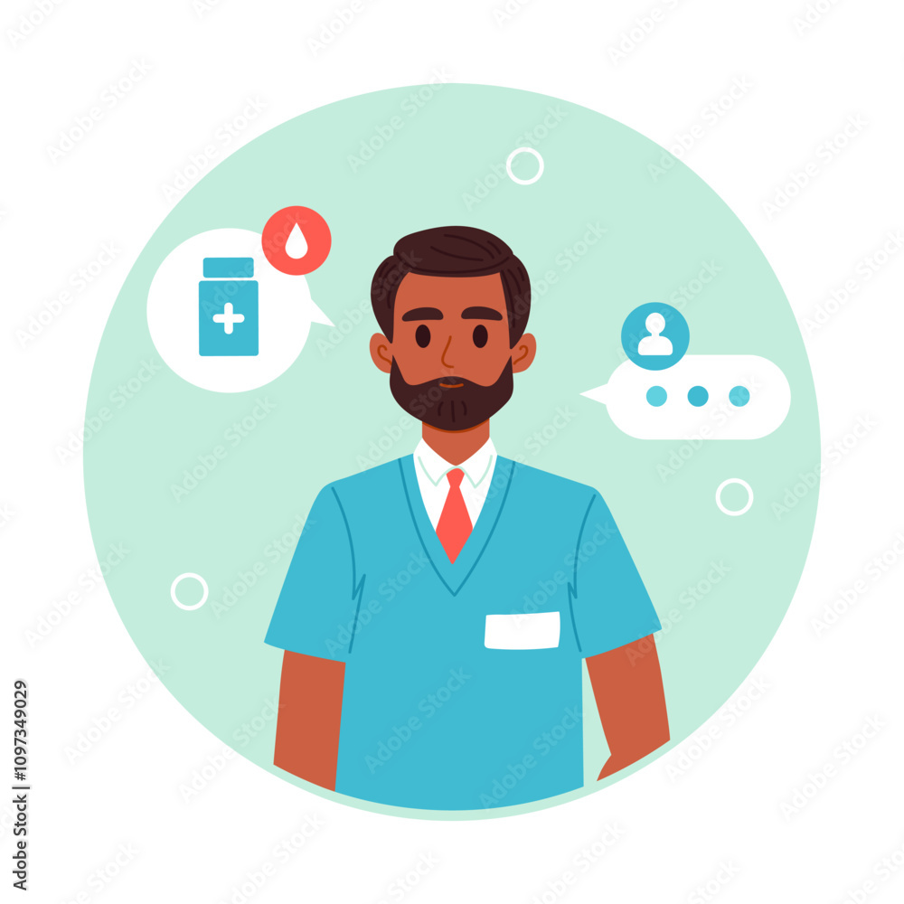 Doctor portrait. Medical clinic worker avatar, physician or surgeon consultation, medical hospital worker flat vector illustration. Male medical doctor business card Doctor portrait. Medical clinic worker avatar, physician or surgeon consultation, medical hospital worker flat vector illustration. Male medical doctor business card