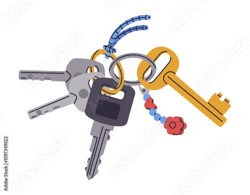 Door keys. Modern keys bunch with cute keychain, real estate property locking keys flat vector illustration. House keys on white