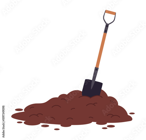 Garden shovel and pile of soil. Agricultural gardening equipment, brown dirt heap with shovel flat vector illustration. Husbandry tool in soil heap