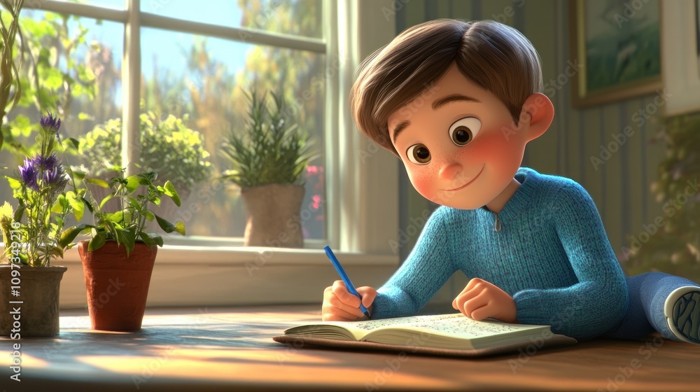 A young boy writes in a notebook, surrounded by plants and sunlight in a cozy room. A young boy writes in a notebook, surrounded by plants and sunlight in a cozy room.