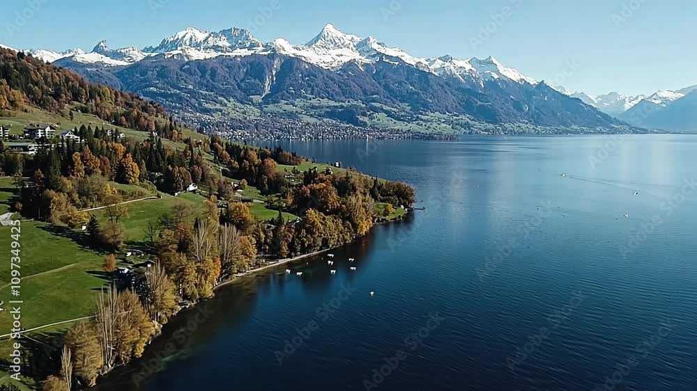 Scenic view of mountains and a lake with autumn foliage under a clear blue sky. Scenic view of mountains and a lake with autumn foliage under a clear blue sky.