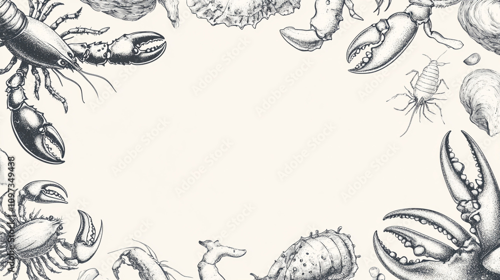 Detailed illustrations of various seafood surrounded by a blank space for creative use Detailed illustrations of various seafood surrounded by a blank space for creative use