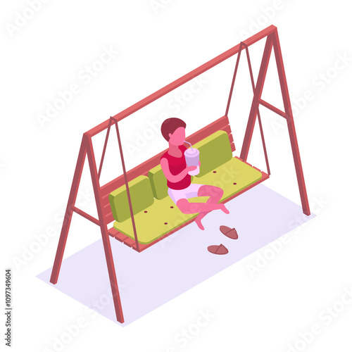 Isometric kid on garden swing. Boy sitting on backyard or city park swing, wooden summerhouse furniture 3d vector illustration. Modern garden swing