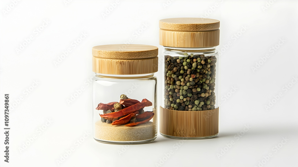 Two glass spice jars with bamboo lids; one contains dried chilies and peppercorns, the other peppercorns. Two glass spice jars with bamboo lids; one contains dried chilies and peppercorns, the other peppercorns.