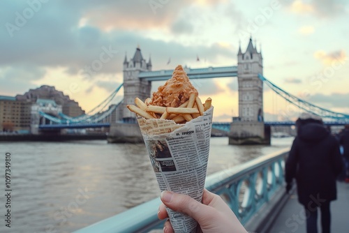 A hand holding fish and chips with Tower Bridge in the background at sunset.