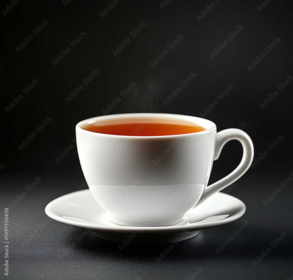 Obraz premium cup of tea in a white ceramic mug with a saucer, against a black background
