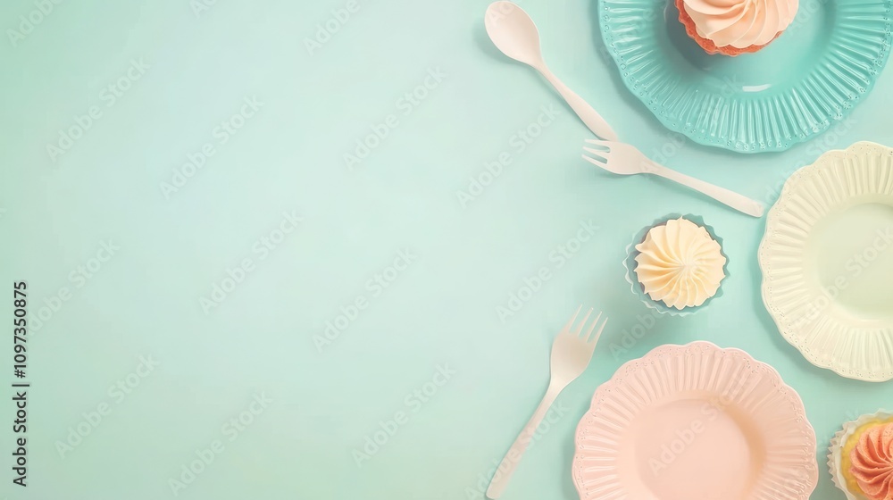 Obraz premium A pastel-themed arrangement of plates, forks, and cupcakes on a soft background.