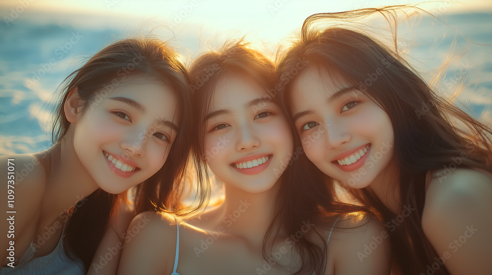 Three young Asian women, with happy smiles, on the beach in summer Three young Asian women, with happy smiles, on the beach in summer