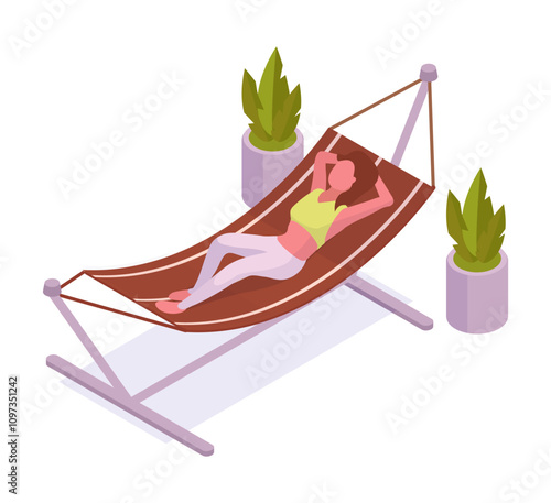 Women in hammock. Isometric garden summerhouse backyard hammock, female character chilling in hanging canvas bed 3d vector illustration. Girl spending time outdoor