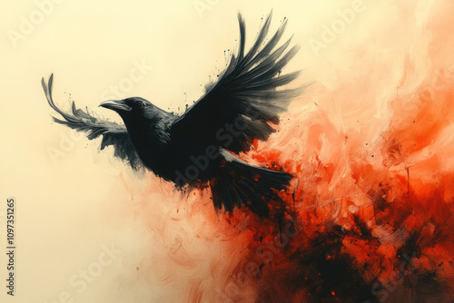 a black raven flying against an abstract art background done in shades of red and cream.  
