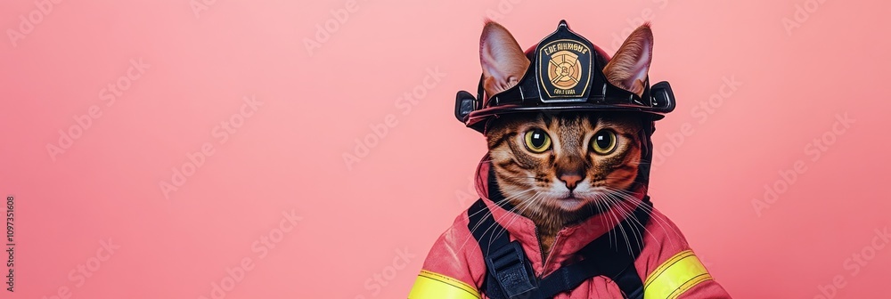 A cat dressed as a firefighter, showcasing a playful and imaginative theme. A cat dressed as a firefighter, showcasing a playful and imaginative theme.