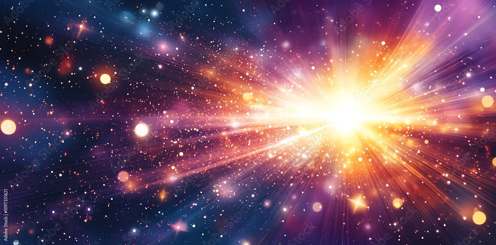 A vibrant cosmic explosion with stars and light rays in a colorful space backdrop. A vibrant cosmic explosion with stars and light rays in a colorful space backdrop.