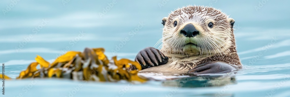 Obraz premium A playful sea otter floating with kelp in a serene ocean setting.
