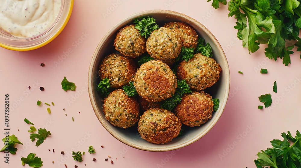 A bowl filled with falafel balls some on the side surrounded by clear dressing and cut up curly green buds A bowl filled with falafel balls some on the side surrounded by clear dressing and cut up curly green buds