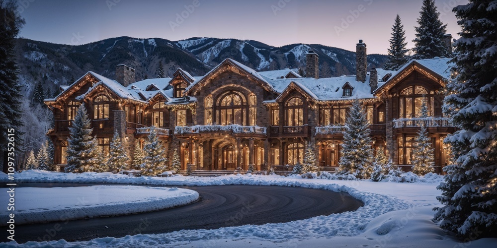 A beautiful mansion in the luxurious mountains of Aspen, Colorado, with a snowy view and a Christmas vibe A beautiful mansion in the luxurious mountains of Aspen, Colorado, with a snowy view and a Christmas vibe