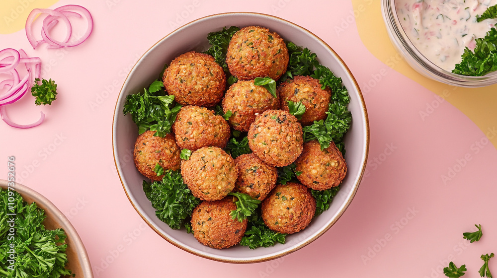 A bowl filled with falafel balls some on the side surrounded by clear dressing and cut up curly green buds A bowl filled with falafel balls some on the side surrounded by clear dressing and cut up curly green buds