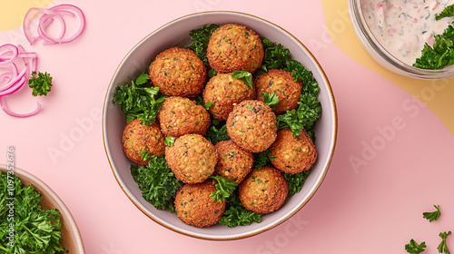 A bowl filled with falafel balls some on the side surrounded by clear dressing and cut up curly green buds