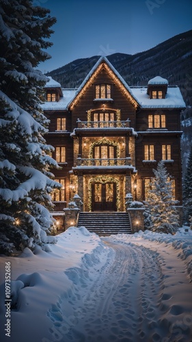 A beautiful mansion in the luxurious mountains of Aspen, Colorado, with a snowy view and a Christmas vibe