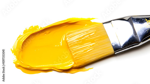 A large brush resting on a thick glob of yellow gel-like paint, showing the thickness and viscosity of the paint