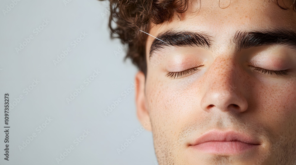 Fototapeta premium Close-up of young man receiving eyebrow threading treatment.