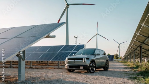 Electric Car with Solar Panels and Wind Turbines: Sustainable Energy Concept photo