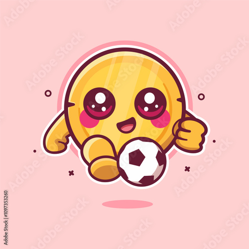 happy money coin character mascot playing football isolated cartoon