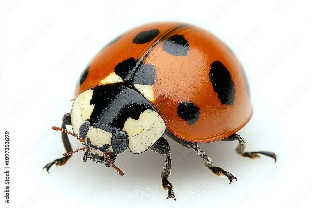 Close up of a vivid orange and black spotted ladybug crawling on a green surface sharp macro details capturing its anatomy and interaction with the natural environment Close up of a vivid orange and black spotted ladybug crawling on a green surface sharp macro details capturing its anatomy and interaction with the natural environment
