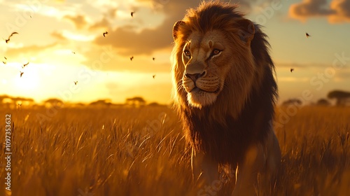 A majestic lion stands in a field of tall grass as the sun sets in the distance, casting a warm glow over the scene. The lion's powerful presence is emphasized by the surrounding insects photo