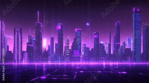 Futuristic Cityscape at Night Neon Lights Glow Brightly