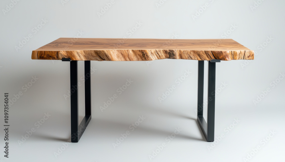 Woodwork Furniture Technique Concept. A stylish wooden table with a natural edge design, supported by modern black metal legs, blending rustic and contemporary aesthetics. Woodwork Furniture Technique Concept. A stylish wooden table with a natural edge design, supported by modern black metal legs, blending rustic and contemporary aesthetics.