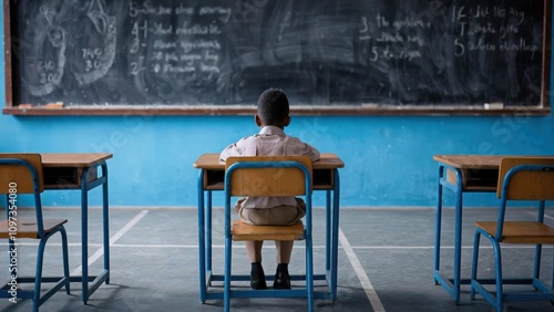 Lonely Student Sitting in an Empty Classroom with Blackboard in the Background photo