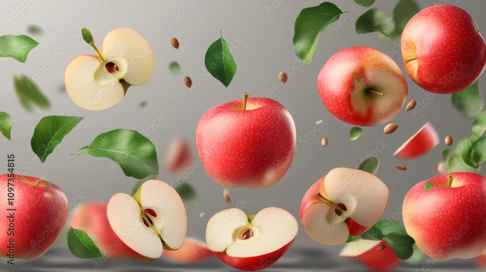 Falling apple fruit 3D realistic, whole and pieces on transparent background with seeds and green leaves. Falling apple fruit 3D realistic, whole and pieces on transparent background with seeds and green leaves.
