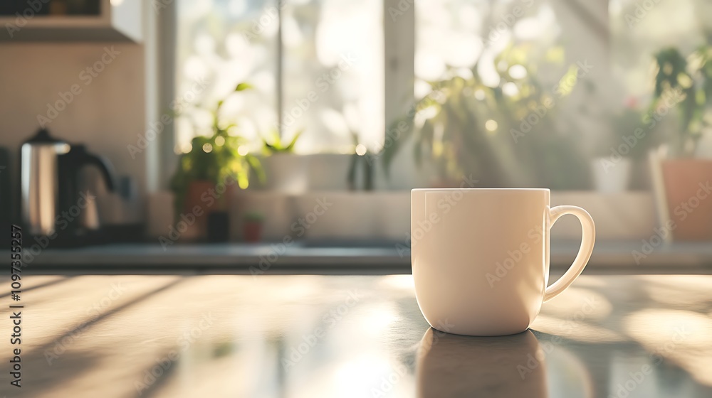 White Coffee Mug On Kitchen Counter In Sunlight White Coffee Mug On Kitchen Counter In Sunlight