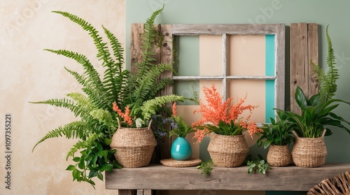 Fine composition of home garden filled with multiform fern  