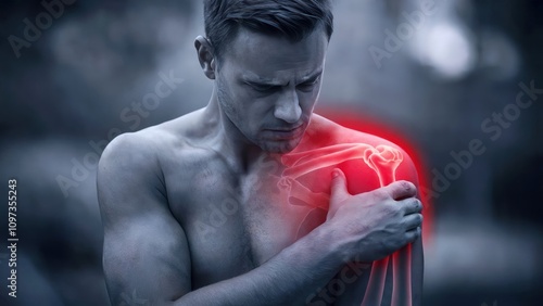 Man Experiencing Shoulder Pain Highlighted in Red – Anatomy and Injury Concept photo