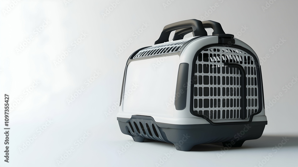 White and gray plastic pet carrier with handle, isolated on white background. White and gray plastic pet carrier with handle, isolated on white background.