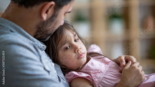 Father Comforting Sick Daughter at Home – Tender Family Moment photo