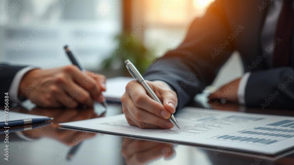 Closeup shot of a businessman signing an investment contract with a pen on a table, table, document Closeup shot of a businessman signing an investment contract with a pen on a table, table, document