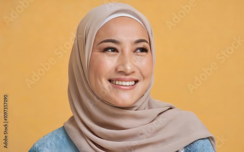 Portrait of a Smiling Muslim Woman in Hijab with Warm Yellow Background