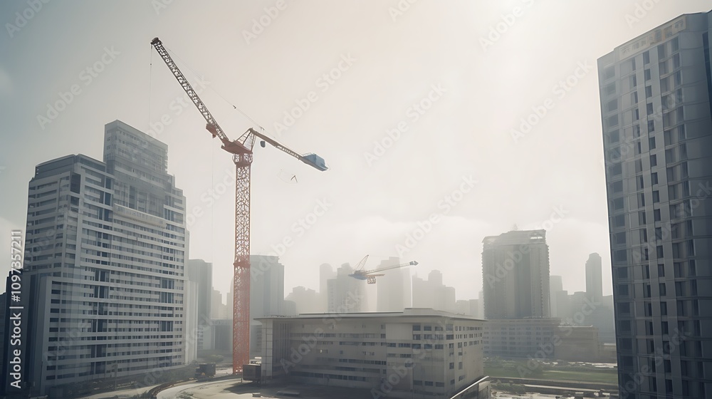 Construction Crane and Cityscape During Hazy Morning Construction Crane and Cityscape During Hazy Morning