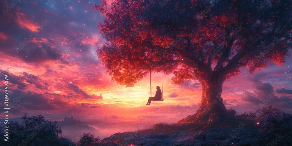 Silhouette of a girl on a swing under a large tree at sunset. Silhouette of a girl on a swing under a large tree at sunset.