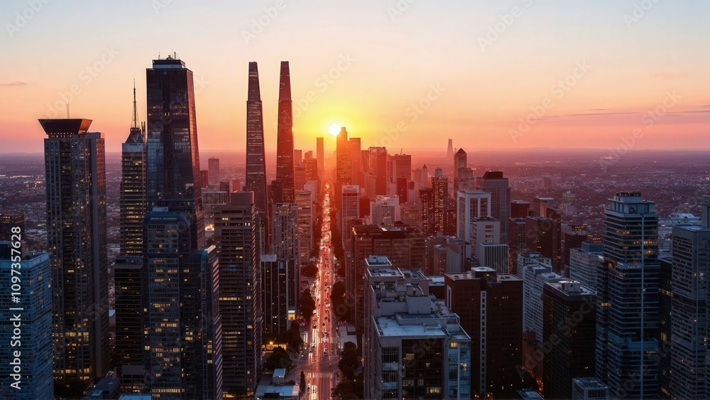 Fototapeta premium Generative AI, Golden Hour Skyline over a Modern Metropolis