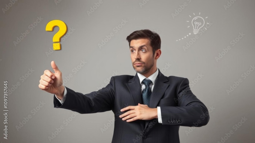 Concept of problem solving in business with question and answer theme, businessman hand holding question mark and lightbulb representing solution, hand holding, problem solving Concept of problem solving in business with question and answer theme, businessman hand holding question mark and lightbulb representing solution, hand holding, problem solving