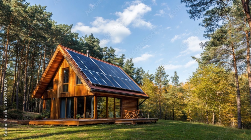 Fototapeta premium Eco-friendly wooden cabin with solar panels on the roof, nestled in a forest.