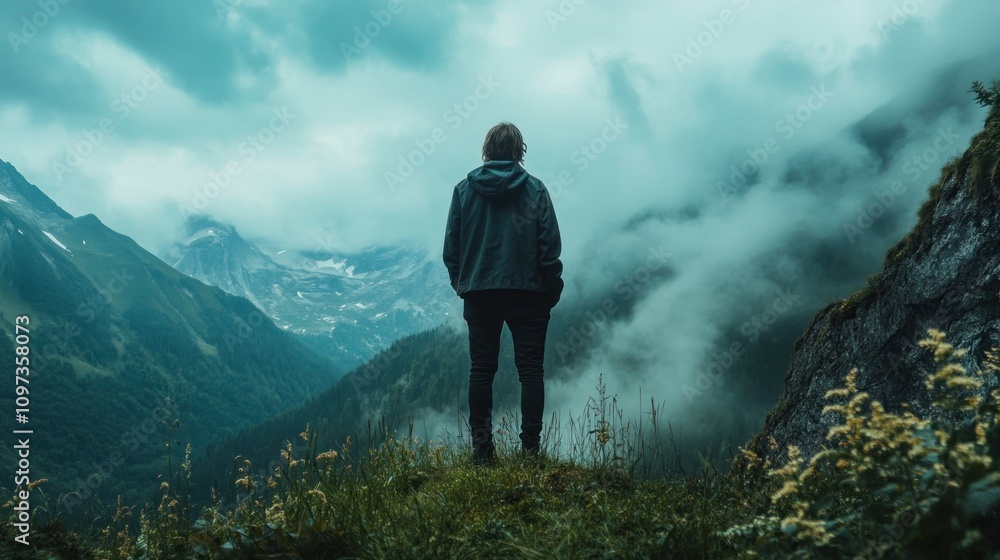 A person stands on a mountain edge, gazing at a misty landscape of mountains and clouds. A person stands on a mountain edge, gazing at a misty landscape of mountains and clouds.