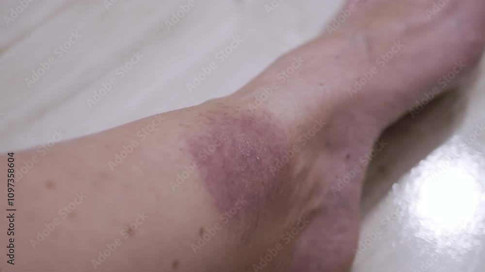 Close up, Formation of a Large Red Spot on the Skin from a Tick Bite. Irritation, itching, swelling, infection, redness around skin of leg. Lyme disease. Insect, mosquito, encephalitis tick bite. Close up, Formation of a Large Red Spot on the Skin from a Tick Bite. Irritation, itching, swelling, infection, redness around skin of leg. Lyme disease. Insect, mosquito, encephalitis tick bite.