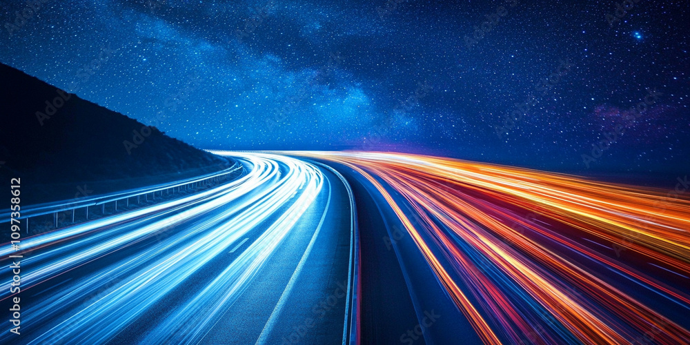 Galactic Journey, Starry Sky Over Glowing Highway Curves Galactic Journey, Starry Sky Over Glowing Highway Curves