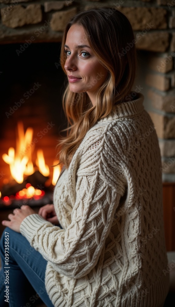 Beautiful woman with a cozy expression sitting by a stone fireplace in a classic Aran sweater Beautiful woman with a cozy expression sitting by a stone fireplace in a classic Aran sweater